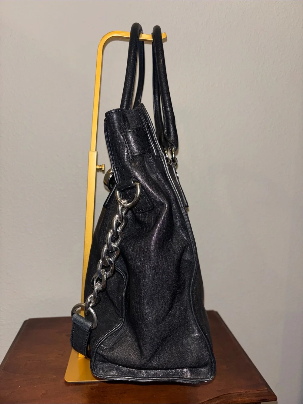 Michael Kors Black Leather Satchel with Silver Chain Accents